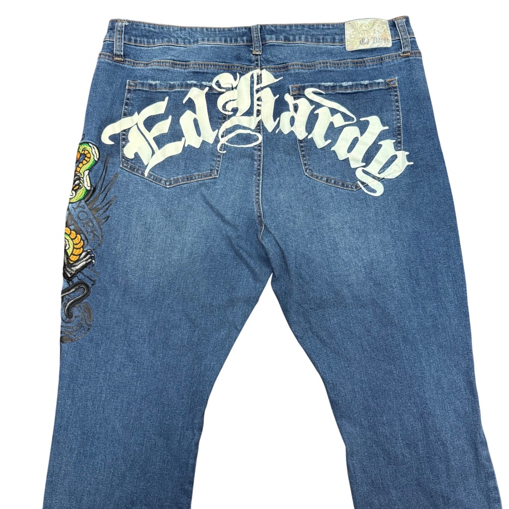 Ed Hardy Embroidered Panther Snake Jeans Mens 40x31 Blue Denim Graphic Y2K